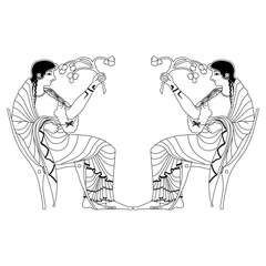 Symmetrical ethnic design with two ancient Greek women sitting in chairs and holding flower branches. Demeter and Persephone. Vase painting style. Black and white linear silhouette.