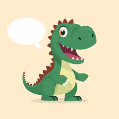 Vector Cute Kind Baby Kid Smiling Dinosaur. Happy Cartoon Green Dinosaur Tyrannosaurus Rex, Tyrex with Speech Bubble in Flat Style on Blue Background