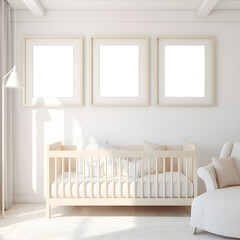 Fototapeta na wymiar artwork mockup poster frames in a nursery with a cot, morning light streaming through the window 