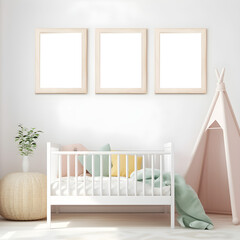 mockup wall art, nursery room with a cot and morning sunlight streaming through, bright and airy with a large blank poster frame on the pink  wall for adding in your own artwork if desired
