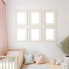 six frames on the wall for artwork mockup featuring a cot and pink curtains 