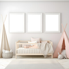 mock-up wall art, three frame, nursery room with a cot and morning sunlight streaming through, bright and airy with a large blank poster frame on the white wall for adding in your own artwork 