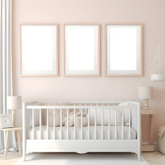 mockup for wall artwork, three peice set, nursery room with a cot and morning sunlight streaming through, bright and airy with a large blank poster frame on the pink  wall