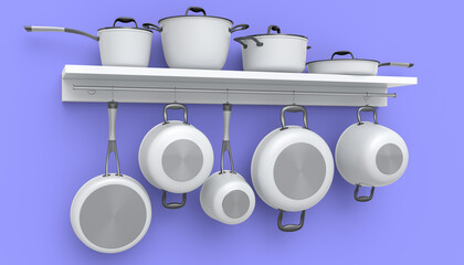 Set of stewpot, frying pan and chrome plated cookware hanging on shelf on violet
