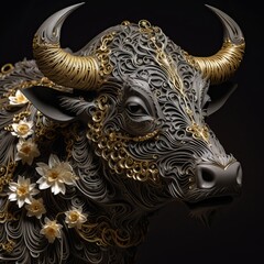 Paper quilling art of a bull with some flowers