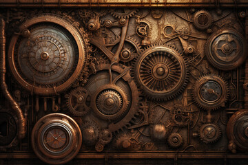 Fototapeta na wymiar Steampunk style old and rusty gear wheels and clocks background with copy space. Generative AI