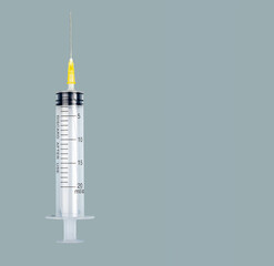 Syringe, medical object. Banner background with copy space for text