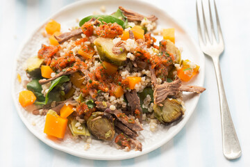 Pearl barley and beef salad with pickled pumpkin and brussel sprouts and red pepper dressing - 603484011