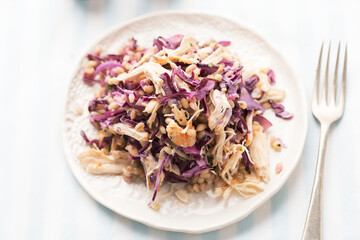 Pearl barley salad with roasted chicken pieces, red cabbage and lemon dressing  - 603484018