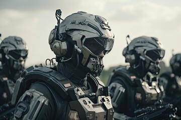 Many futuristic military cyborgs outdoors on field. Wars of the future, combat robots fully replace humans. AI generative