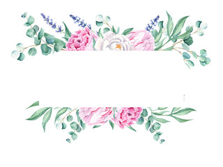 Watercolor horisontal frame, white and pink peonies, eucalyptus, gypsophila and lavender branches. Hand drawn botanical illustration isolated on white background. Can be used for wedding, greeting
