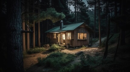 Fototapeta na wymiar Wooden cabin with lights in forest created with Generative AI technology.