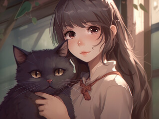 Anime girl and her kitten. AI generated image.	