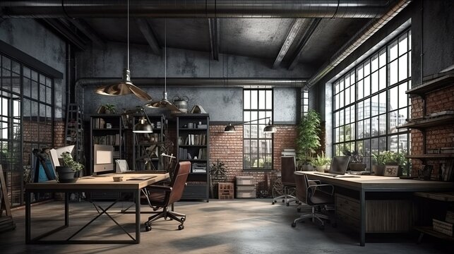 Industrial style workspace office created with Generative AI technology.