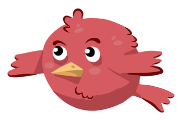 Flat vector illustration of red cartoon bird on white background. Funny flying doodle. Hand drawn poster for bird and nature day.