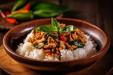 Foto op Canvas White rice and minced spicy pad krapow gai, Thailand food. Generative AI © cn0ra