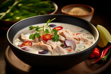 close up of Bowl of Tom Kha Gai, chicken in coconut soup soup, Thailand food. Generative AI