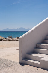 white stairway stairs by the sea mountains on the horizon wallpaper minimalistic greece greek view...