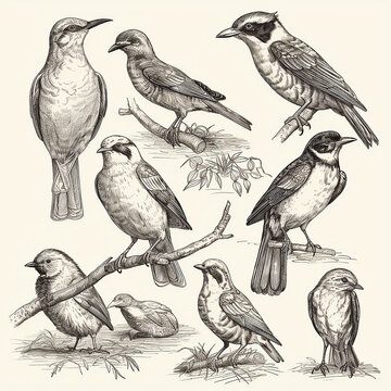 Different types species of birds together on white background, black and white drawing, vintage engraving style, scientific background, ai generative