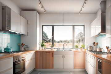 Fototapeta na wymiar Minimalist kitchen, Scandinavian style. Modern white kitchen. Generative AI