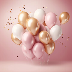 Congratulatory background, pink, white gold balloons on a pink background, congratulations for a girl, beautiful postcard, ai gnenrative