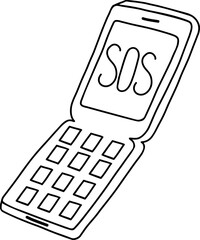 Cute retro clamshell phone. An SOS message. Vector black and white illustration in the concept of the 80s, 90s. The retro flip phone is highlighted on a white background. Coloring book.