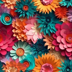 Digital illustration of a seamless tile pattern, colorful paper flowers, vibrant palette, square orientation, generative AI
