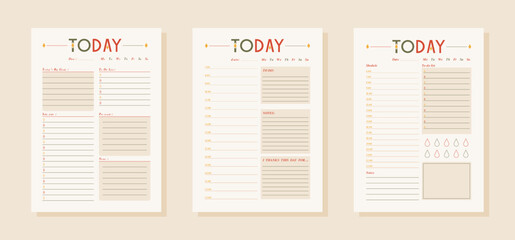 Three vector simple daily planners in one style. Minimalist design of organizer schedule pages with to do list for today for effective planning