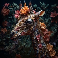 Paper quilling art of a giraffe with some flowers