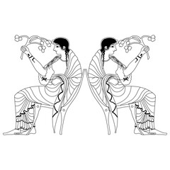 Symmetrical ethnic design with two ancient Greek women sitting in chairs and holding flower branches. Demeter and Persephone. Vase painting style. Black and white linear silhouette.