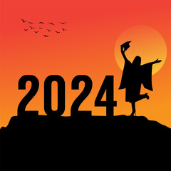 Silhouette Young girl Graduation in 2024 years, education congratulation 2024 concept, new year 2024