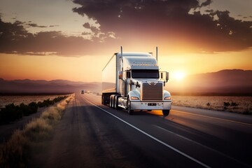 Sunset Drive White Truck Cruising Along the Highway. AI