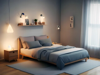 Cozy bedroom interior with warm lighting, with soft light coming from curtained window (Generative AI)