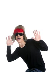 Naklejka premium Crazy winter boy, snow hat, grunge modern look isolated on white