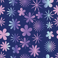 Blue bright flowers seamless vector pattern Different shapes of flowers in purple, blue, and pink