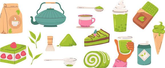 Matcha food and tea. Cake, green sweet desserts and chocolate. Isolated asian vegetarian meals, japanese powder drinks, snugly vector elements