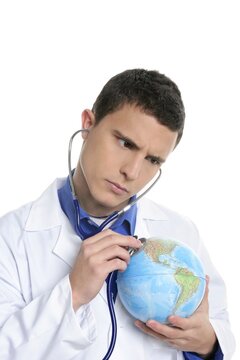 Doctor check the world map health isolated on white