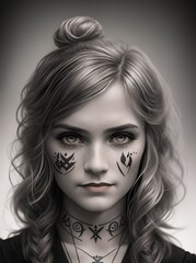 1940 style woman with tatoo. AI generated illustration.