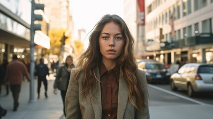 Fototapeta premium Business woman walking on the street. Smart clothes. Generative AI.