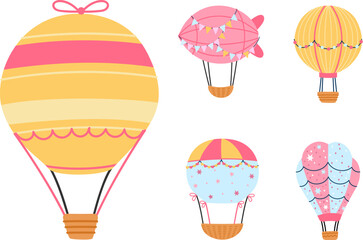 Cartoon hot air balloons isolated clipart. Flying balloon with basket, kids transportation elements. Vector festival graphic collection