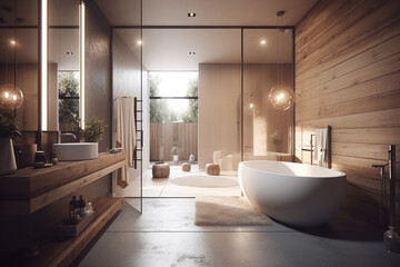 Fototapeta na wymiar Contemporary and minimalist open floor plan bathroom with white and wooden interior japanese inspired