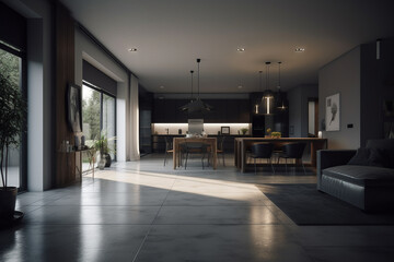 Contemporary and minimalist open floor plan home with white and dark grey interior