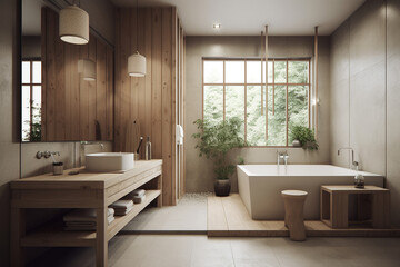 Fototapeta na wymiar Contemporary and minimalist open floor plan bathroom with white and wooden interior japanese inspired