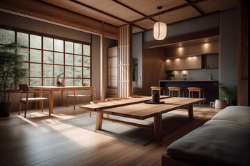 Fototapeta na wymiar Contemporary and minimalist open floor plan home with white and wooden interior japanese inspired
