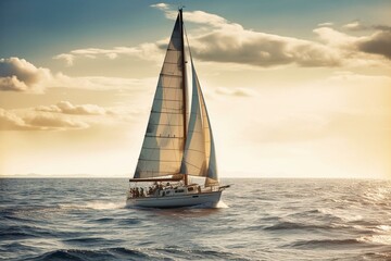 Fototapeta na wymiar A sailboat sailing on the ocean. Ideal for decoration, wallpaper, cards, posters, and more. Generative AI