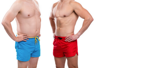 before fat after slim compare of men in studio banner. cropped view of men