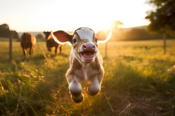 happy baby calf smiling at sunset