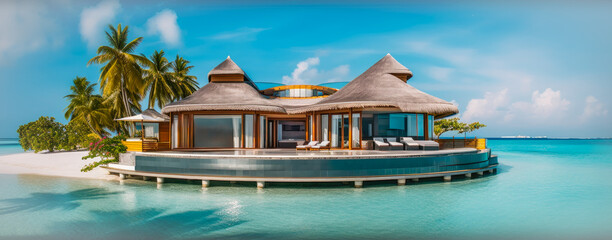 Ultra luxury ocean view beach villa with a beautiful view of paradise. Authentic Maldives architecture concept with a large pool for an amazing tropical vacation (generative AI)