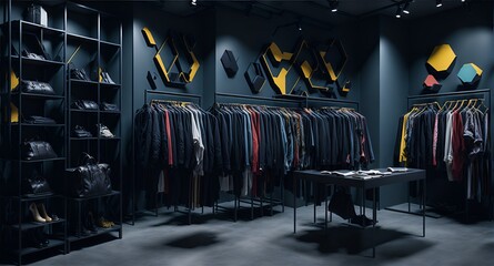 Illustration of a modern clothing store with sleek black walls and shelves created with Generative AI technology - obrazy, fototapety, plakaty