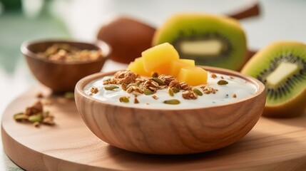 Fototapeta na wymiar Mango yogurt with granola and kiwi in wooden bowl Illustration AI Generative.